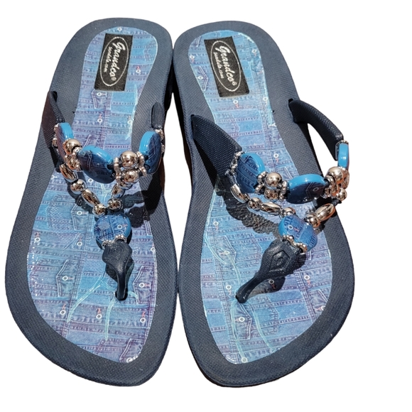 Sz 7 Grandco Denim Bead Thong Sandal - Picture 2 of 4